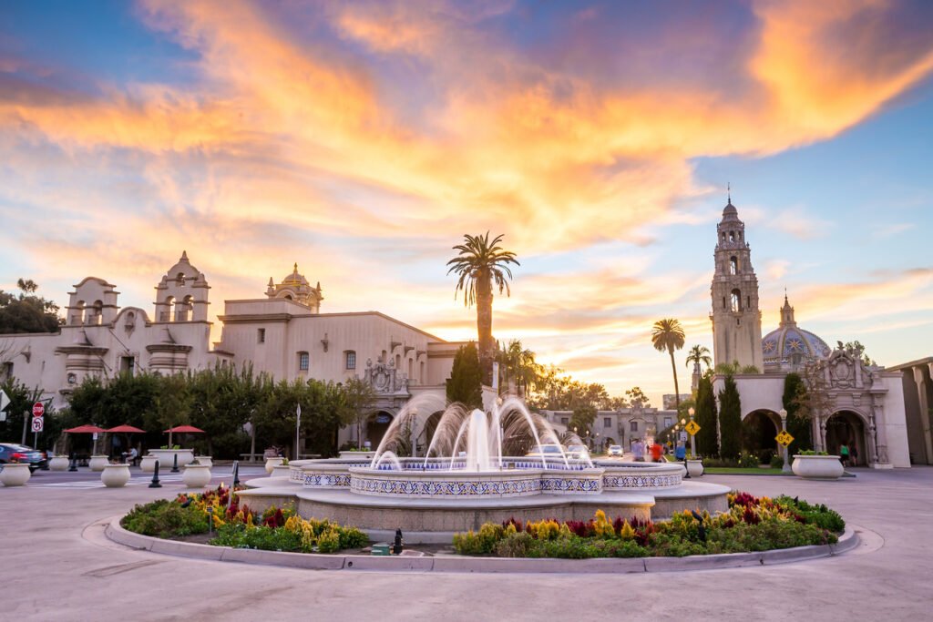 At twilight, San Diego's Balboa Park in California, USA, transforms into a magical realm, where vibrant gardens and historic architecture are bathed in the soft hues of dusk.
