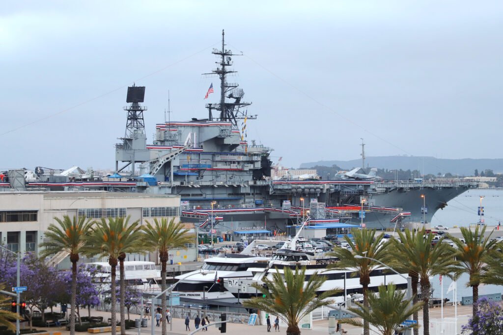 In downtown San Diego, California, USA, stands the iconic USS Midway Museum, a historic aircraft carrier transformed into a captivating maritime museum, offering a glimpse into naval history.
